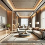 A modern 3D interior rendering of a luxurious living room. The design includes sleek furniture with a minimalist style, large floor-to-ceiling windows