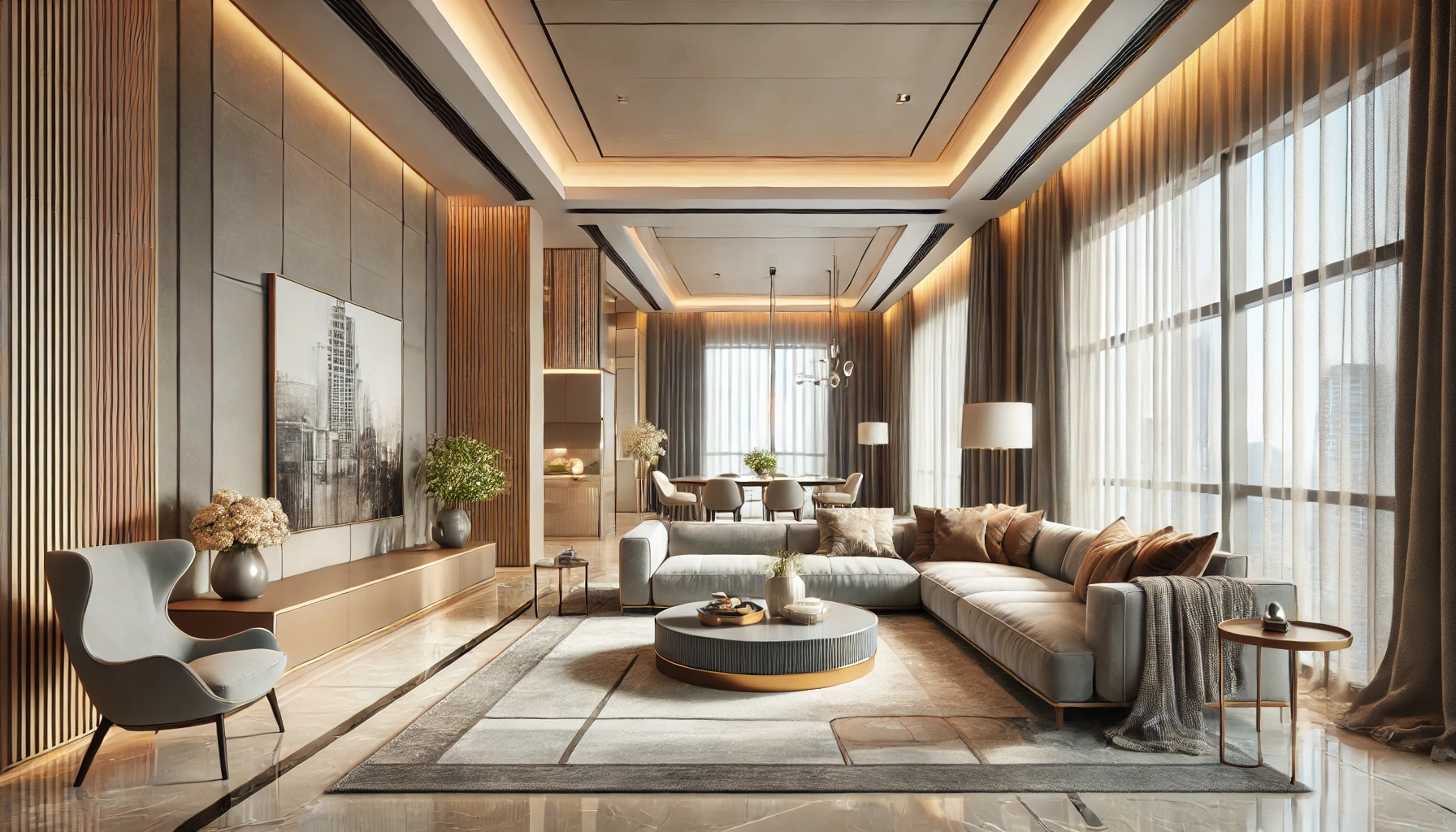 A modern 3D interior rendering of a luxurious living room. The design includes sleek furniture with a minimalist style, large floor-to-ceiling windows